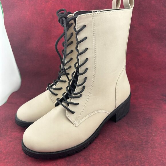 SHELN COMBAT BOOTS LUG SOLE IVORY, MID-CALF, LACE-UP, ZIPPER, BLOCK HEEL, SIZE 9 - Picture 3 of 10
